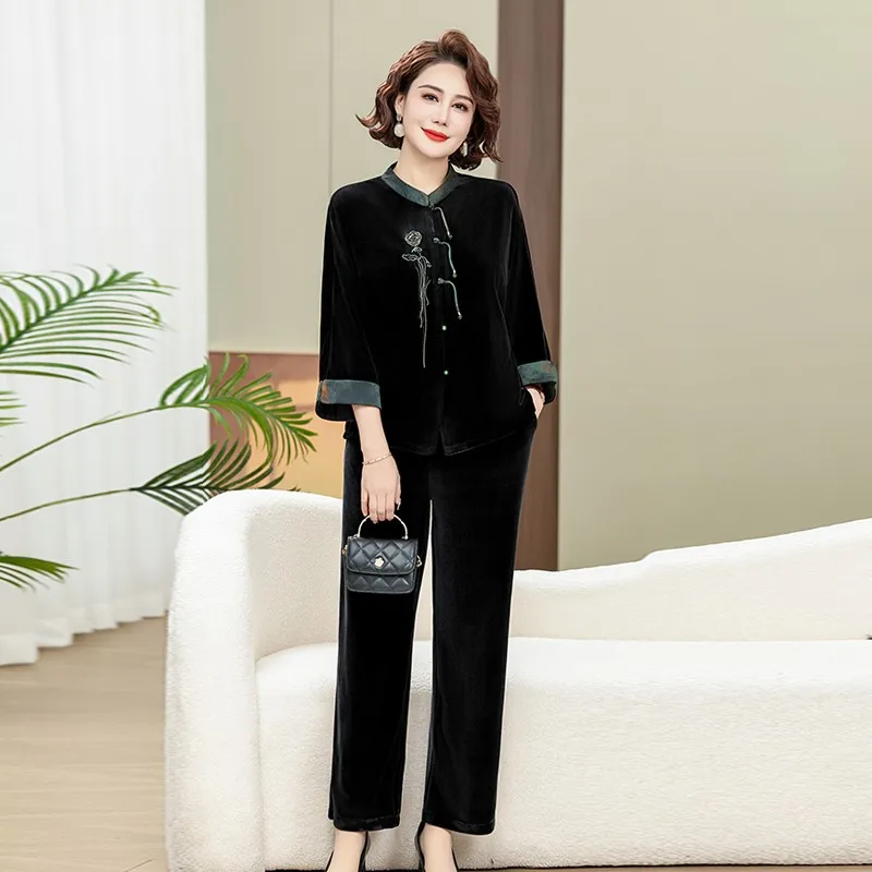 어머니 용수철 골드 벨벳 운동복 세트, 라지 사이즈 빈티지 에스닉 스타일, 중년 여성 스포츠웨어 슈트, 가을 신상, 2PCs