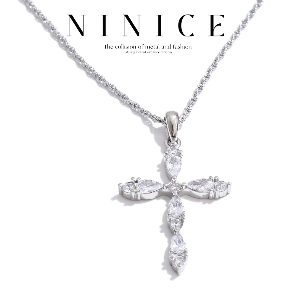 NiNice Stainless Steel Cubic Zirconia Cross Pendant Necklace for Women High Quality Popular Classic Neck Jewelry Gift
