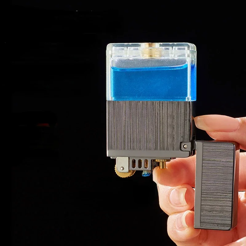 Creative Clear Fuel Tank Lighter, Metal, Open Lid Crisp, Antique Grinding Wheel Cotton Oil Lighter, Fashion Gift for Men - Image 3