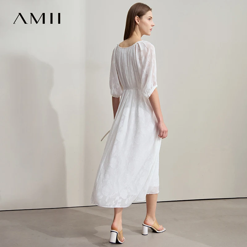 AMII Beżowa Sukienka Wakacyjna 2025 Lato Biurowa Damska Pasek Szyfon Koraliki Guziki Linia A Okrągły Dekolt Fairycore Sukienki 12542143