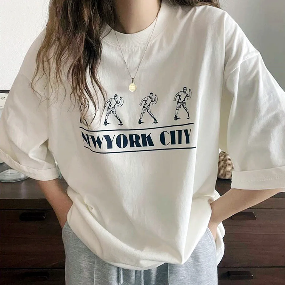 New York City Athletic Style Graphic Women T Shirts White Short Sleeve Thick Cotton Tops Summer Loose Crewneck Retro Tees