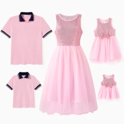 PatPat Family Matching Sets Pink Polo Shirt or Sleeveless Sequined Tulle Dress