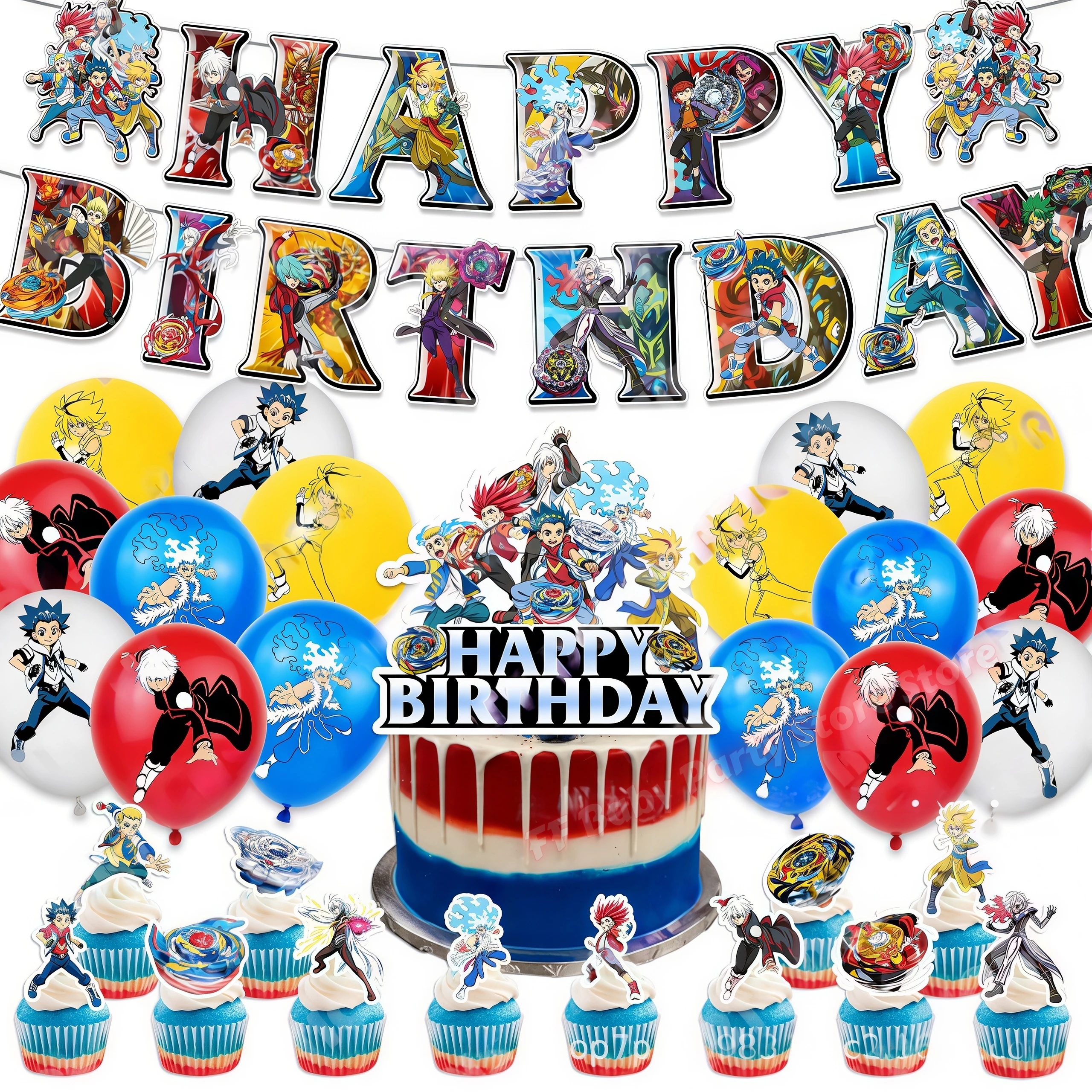 Science Of Happiness - Beyblades Latex Balloons Happy Birthday Banner