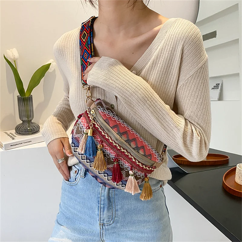 Women Folk Style Waist Bags with Adjustable Strap Variegated Color Fanny Pack with Fringe Decor Crossbody Chest Bags пояс сумка