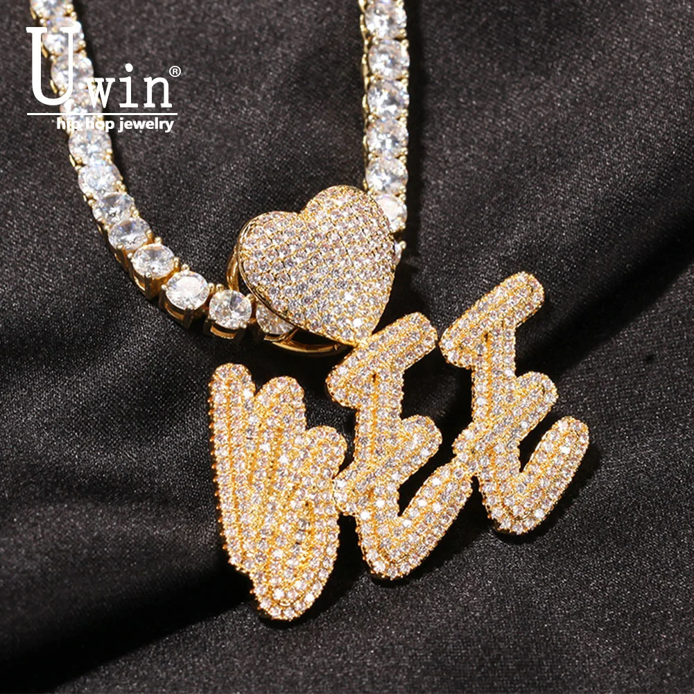 

Uwin Name Necklace With Heart Clasp Double Layers Cursive Iced Out CZ Letter Pendant Hiphop Jewelry Best Gift