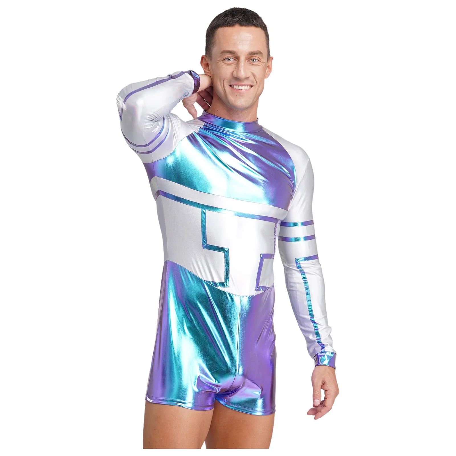 

Men Astronaut Space Alien Robot Cosplay Jumpsuit Fashion Metallic Long Sleeve Short Bodysuit for Halloween Carnival Outfits