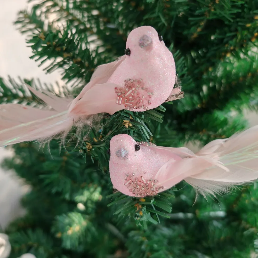 Glitter Simulated Foam Feather Bird with Clip Artificial Christmas Tree Bird Decoration Lightweight Long Feather Tail