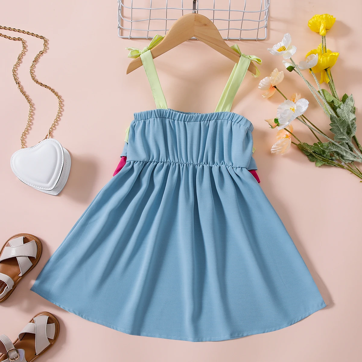Summer Rainbow Layered Hem Lace Girls Dress Macaron Color Butterfly Knot Strapless Breathable Princess Style Children's Skirt