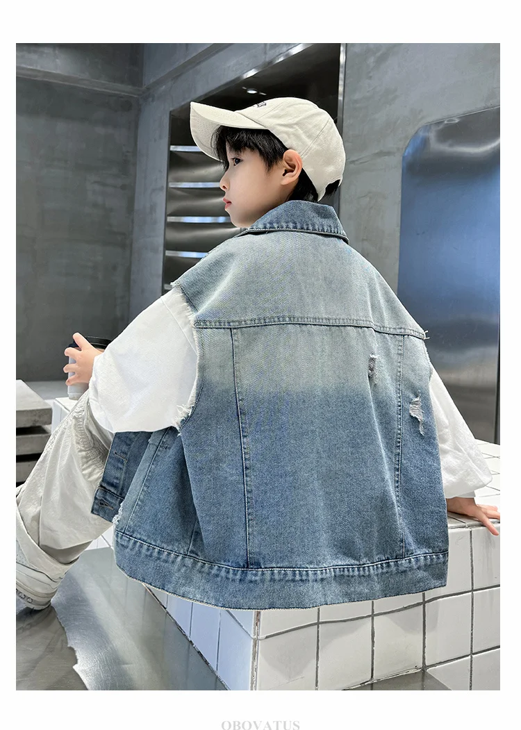 Vintage-Muster Jeanswesten für Teenager-Jungen, Neue Frühlings- und Herbst-Ärmellose Jacken, Zerrissene Denim-Westen für Teenager 5-14 – Detail 5