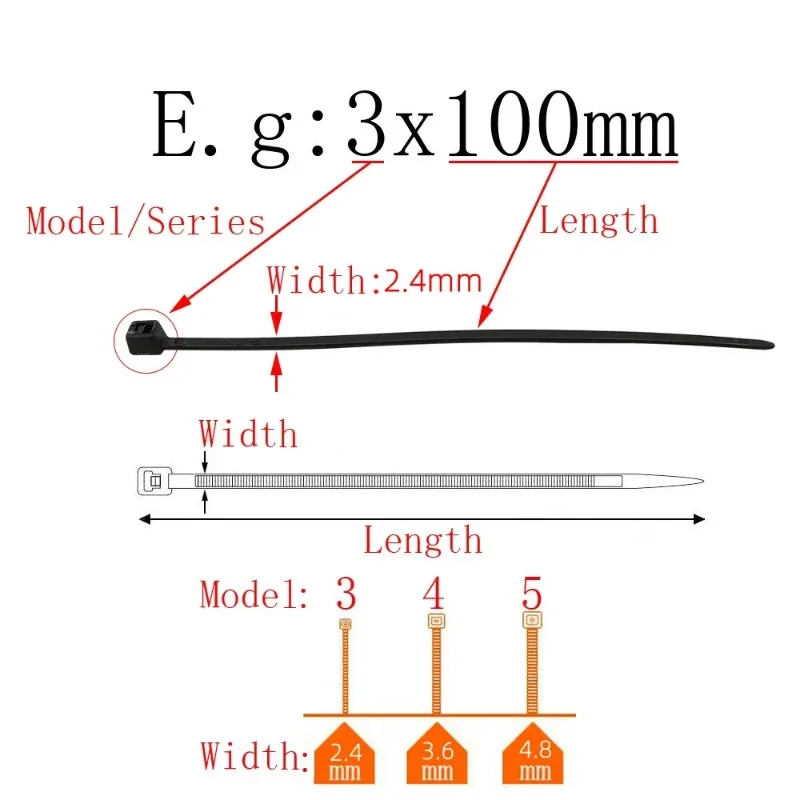 100pcs Black White Cable Ties Self-locking Plastic Nylon Wire Cable Zip Tie Clamps Assorted Size Fastening Ring