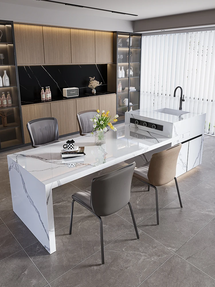 

Итальянский минималистичный выдвижной остров из каменной плиты, обеденный стол, чай, встроенный бар, мобильный направляющий стол для небольшой квартиры на заказ