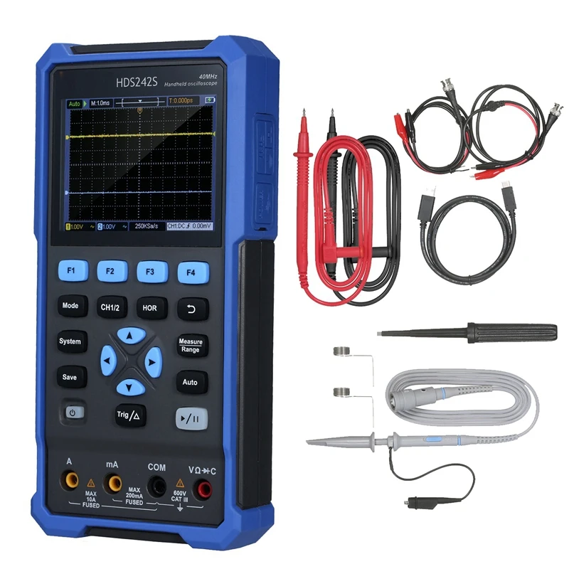 HDS242S 3 In 1 40Mhz 4 1/2 Digit Oscilloscope Multimeter Handheld Digital Scope Meter Blue US Plug