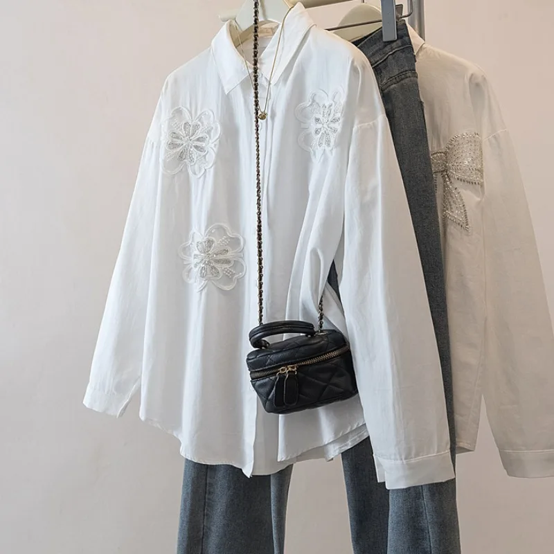 

Женская блузка больших размеров с длинным рукавом, белая, приталенная, с богатой отделкой, для офиса, в художественном стиле, весенняя новинка