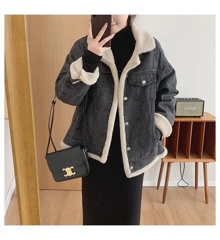 

Denim Coat Buttions Fur Plush Womens Autumn Mid-Length Patchwork Amekaji Leisure Party Hooded Corduroy Functional Jackets Casual