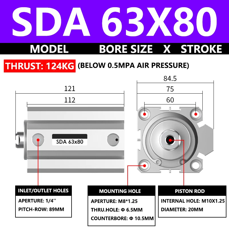 ABILKEEN SDA63X80 SDA Series Thin Air Cylinder 63MM Female Thread Bore X 80MM Stroke Double Acting Pneumatic Compact Cylinder