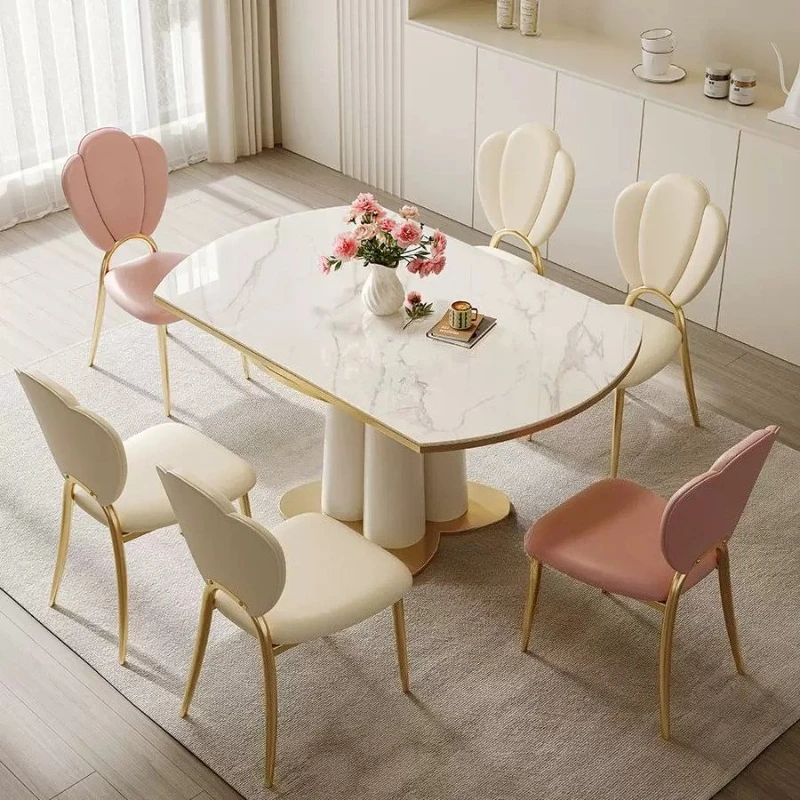 

Luxury cream style rock slab dining table Modern simple retractable folding square and round dining tables and sets of 6 chairs