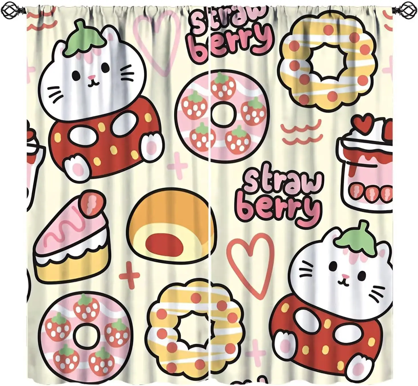 Cute Cat Curtains for Girls, Cartoon Pink Strawberry Cake Donut Kawaii Pet Animal Window Drapes for Kids Bedroom Livingroom