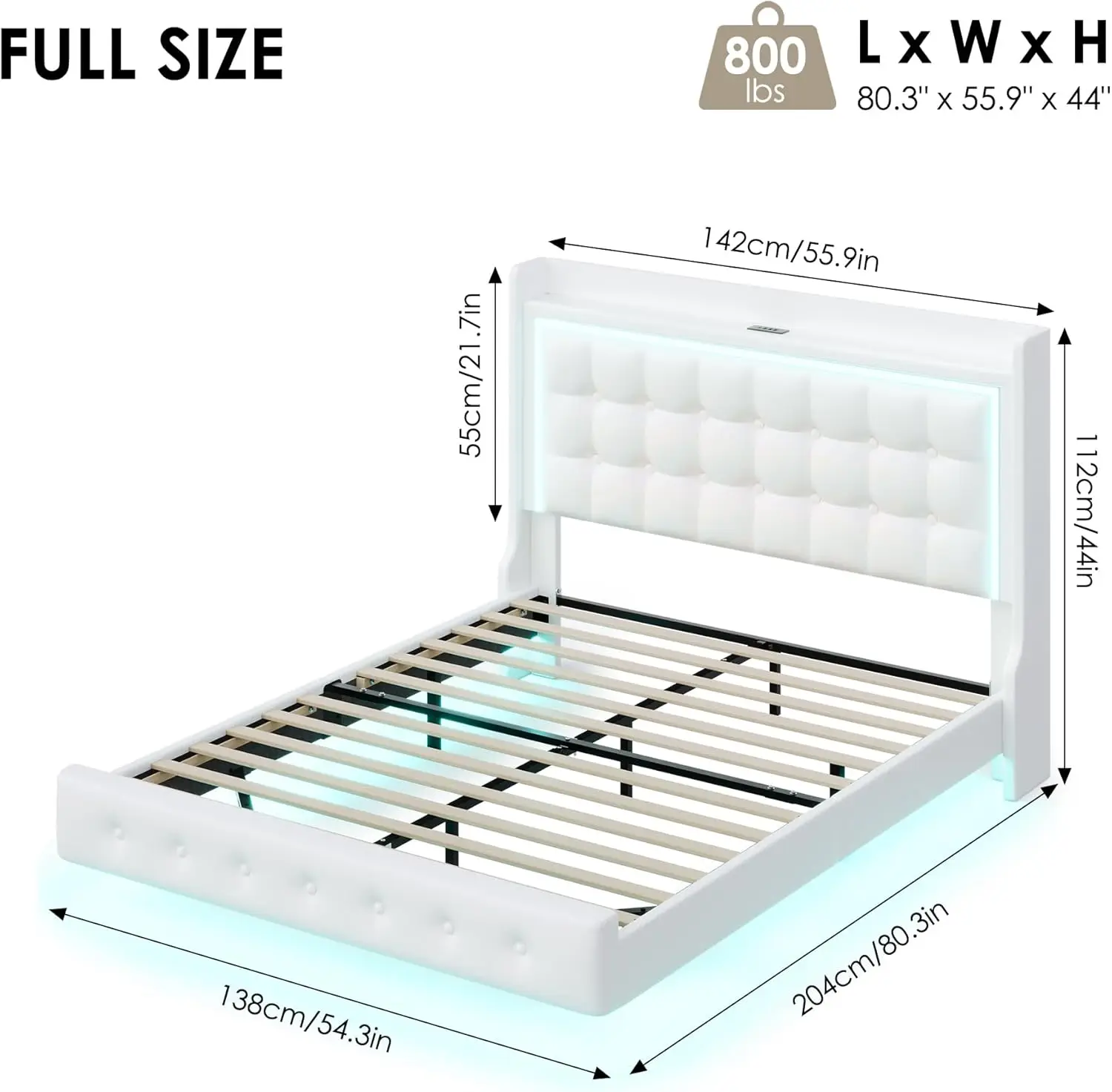 Estrutura de cama flutuante completa estofada Keyluv com luzes LED e estação de carregamento, cama de plataforma de couro pu com armazenamento capitoné de botão