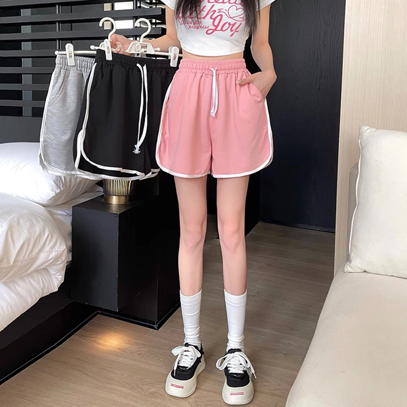 Woman Summer High Waist Korean Baggy Shorts Girls Elastic Casual Lace Up Y2k Slacks Female Loose Clothes Black Pink Gray Joggers