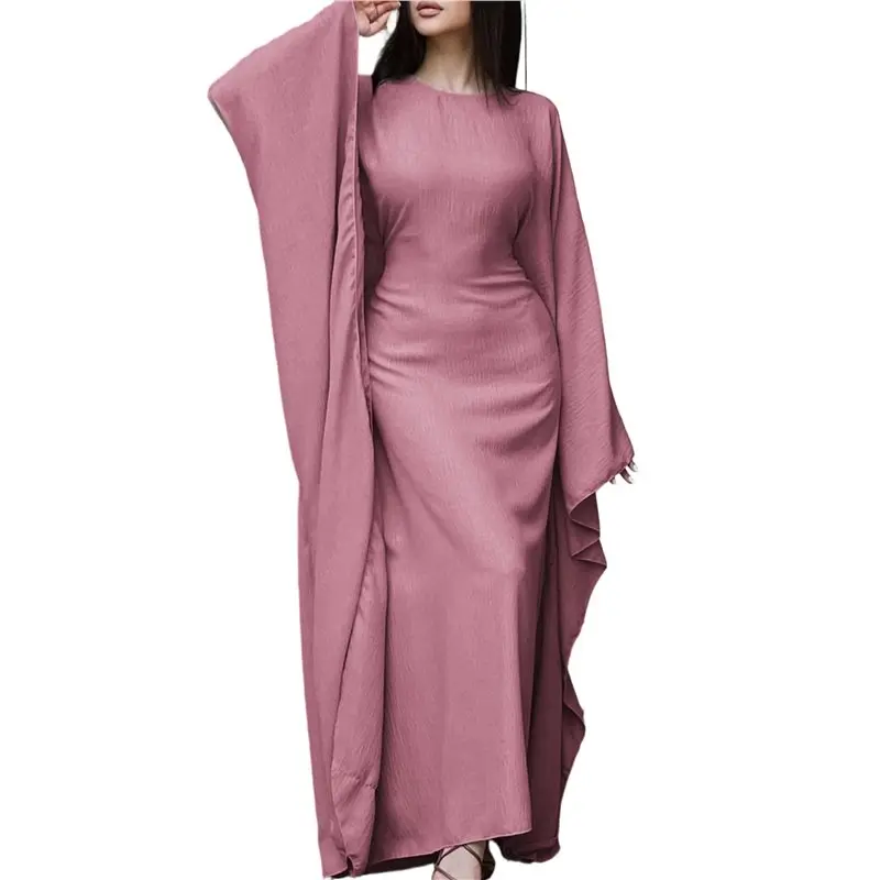 여성용 우아한 단색 긴팔 드레스 배트 슬리브 이슬람 맥시 로브