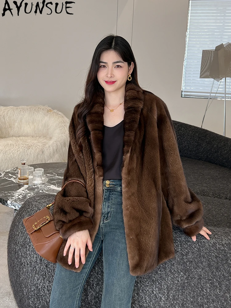 AYUNSUE-abrigo de piel de visón de terciopelo Natural para Mujer, abrigos elegantes de visón entero para Mujer, ropa de invierno de alta calidad, Abrigo para Mujer