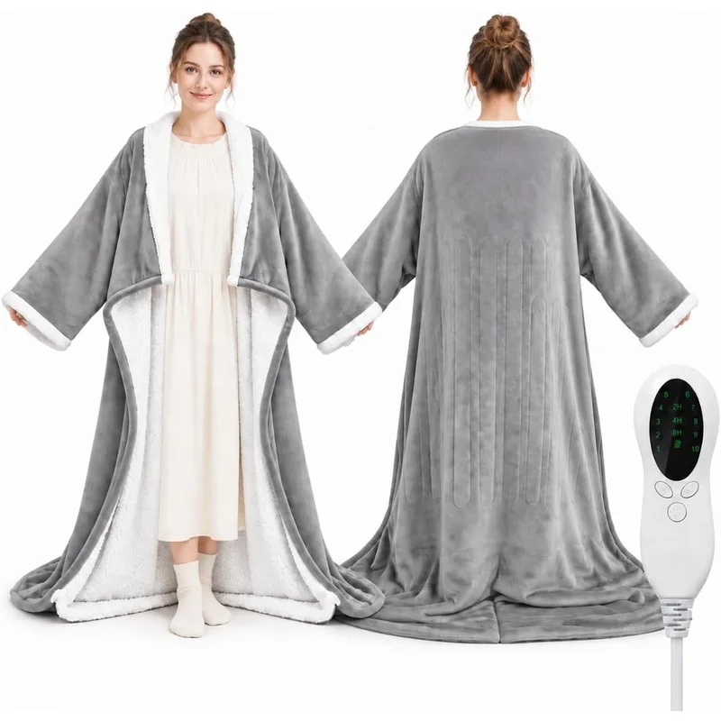 Wearable Heated Robe w/ Foot Pockets, 50×70in Flannel Sherpa Wrap, Digital Control 86–131℉, 10H Auto Shutoff