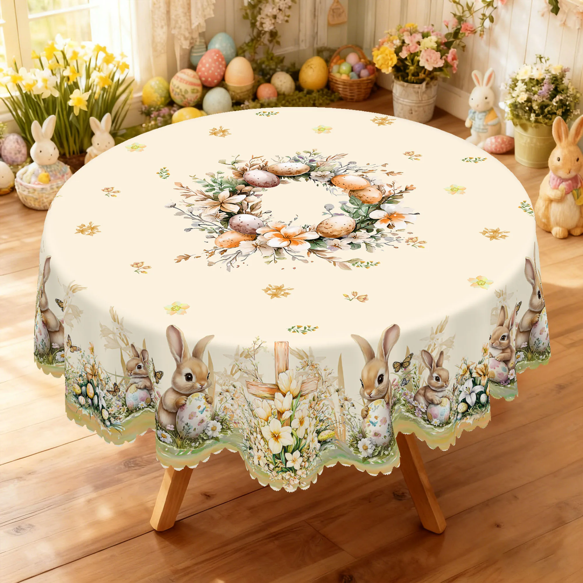 1 Piece of Easter Round and Rectangular Tablecloth, Available in 5 Sizes, with a Cute Wreath in the Center Featuring Painted Eggs, Paired with a Soft and Cute Bunny Holding an Egg, Fresh Floral Clusters and Lively Butterflies Printed on the Round Tablecloth, Embossed Edges, Easter Decoration, Suitable for Easter Family Gatherings, Spring Terrace Parties, Easter Season Decoration, Spring Party Decoration Gifts