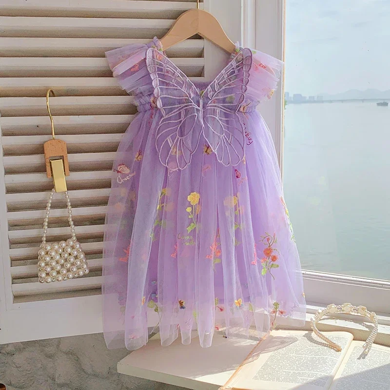 Toddler Baby Girls Tutu Dress Sleeveless Embroidery Floral Print Tulle Dress Little Girl Princess Dresses with Back Butterfly