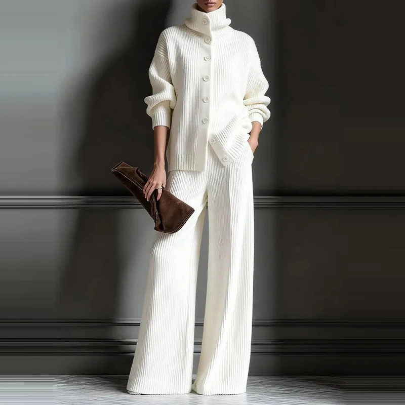 Señora Simple Slim 2 piezas moda cuello alto manga larga suéter de punto y pantalones conjuntos Otoño Invierno sólido nuevo viaje trajes cálidos