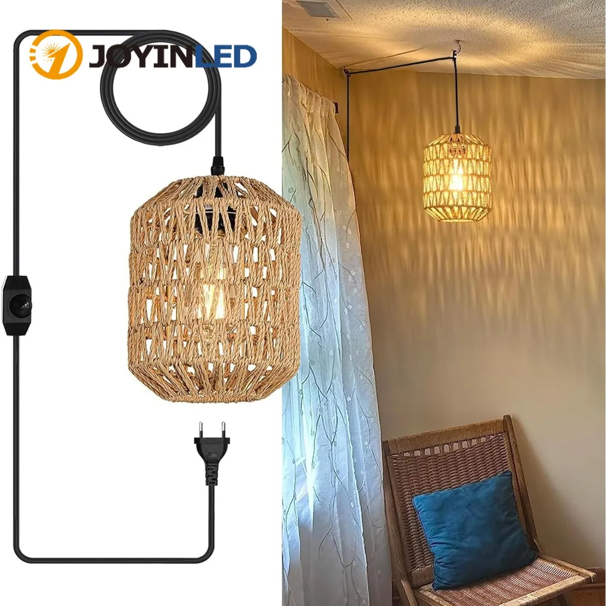 

E27 Retro Chandeliers with Dimmable Switch Plug-in Paper Rope Lampshade Pendant Lights with 4.5m Cable for Bedroom Foyer Balcony