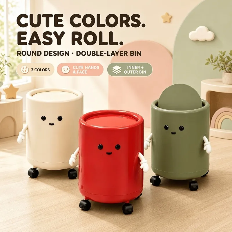 Cute Trash Can Large Capacity Movable Wastebasket Recycle Bin Kitchen Garbage Cube Food Waste Bathroom Accessories Home Supplies