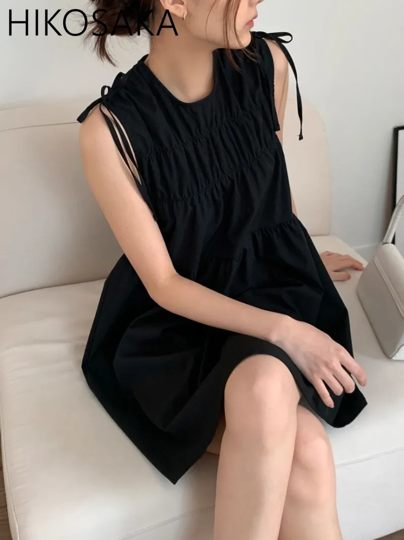 

Bow Lace-up Sweet Dress O-neck Sleeveless Pleated Tank Robe 2024 Summer New Korean Chic Solid Casual A-line Vestidos Mujer