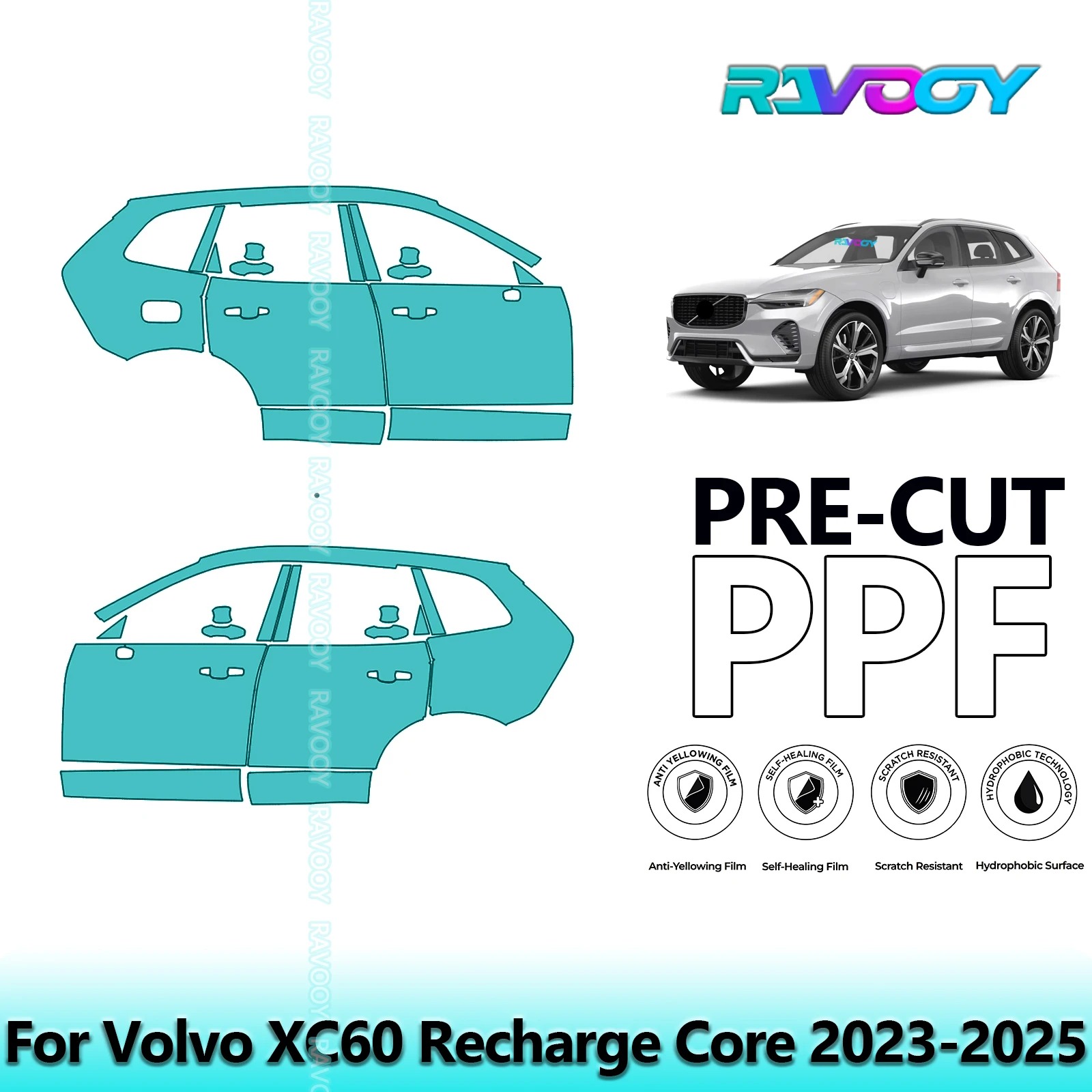 

For Volvo XC60 Recharge Core 2023-2025 8.5mil Clear Matte Pre-Cut PPF Door & A/B Pillar Kit TPU Paint Protection Film Set