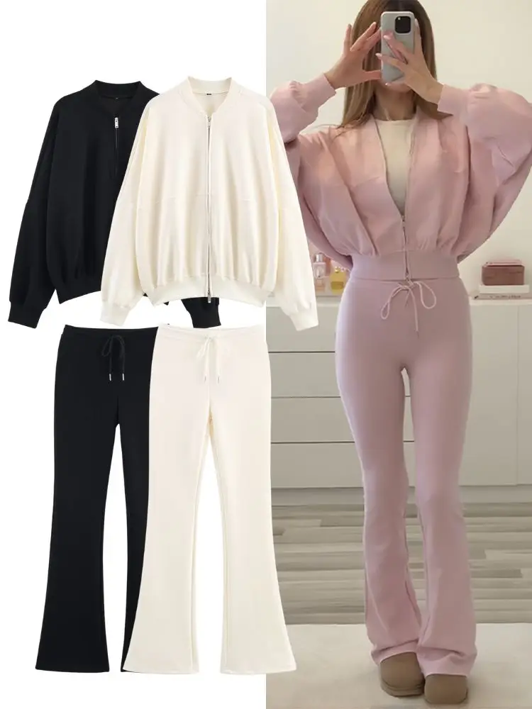 Hh moda feminina conjunto de duas peças cor sólida jaqueta piloto interligada + cintura alta rendas calças largas chique feminino ternos casuais