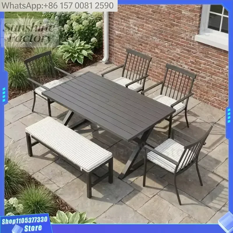 Modern Outdoor Metal Frame Dining Table Set for Hotel & Courtyard Use Resort Garden Patio Furniture with Arm Chairs