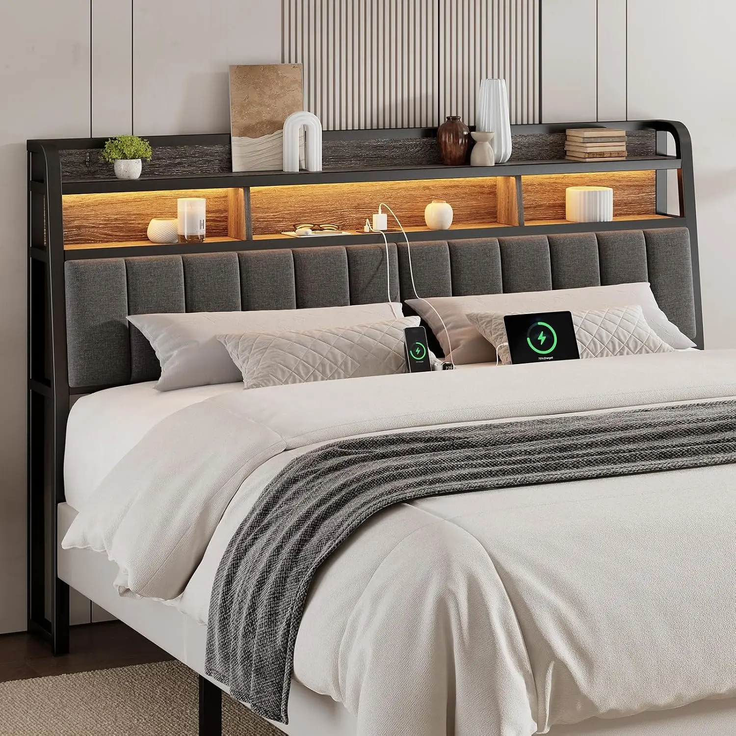 ONBRILL King Size Upholstered Headboard with Storage, RGB LED Lights and Charging Station, Black & Gray Linen Padded Headboard for Bedroom