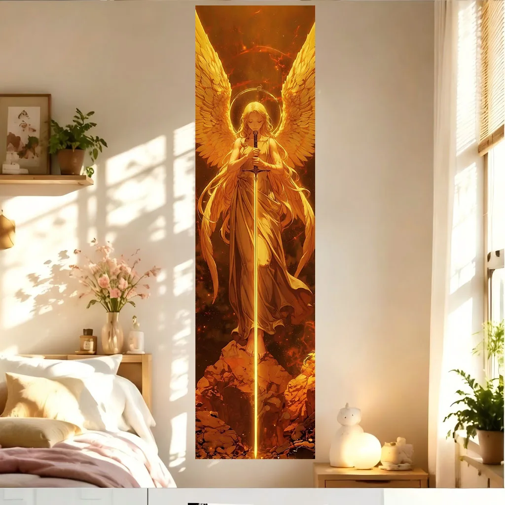 Divine Golden Angel Warrior Tapestry Large Wings Glowing Halo Holy Sword Mystic , Bedroom Dorm Gaming Room Background Decor Gift