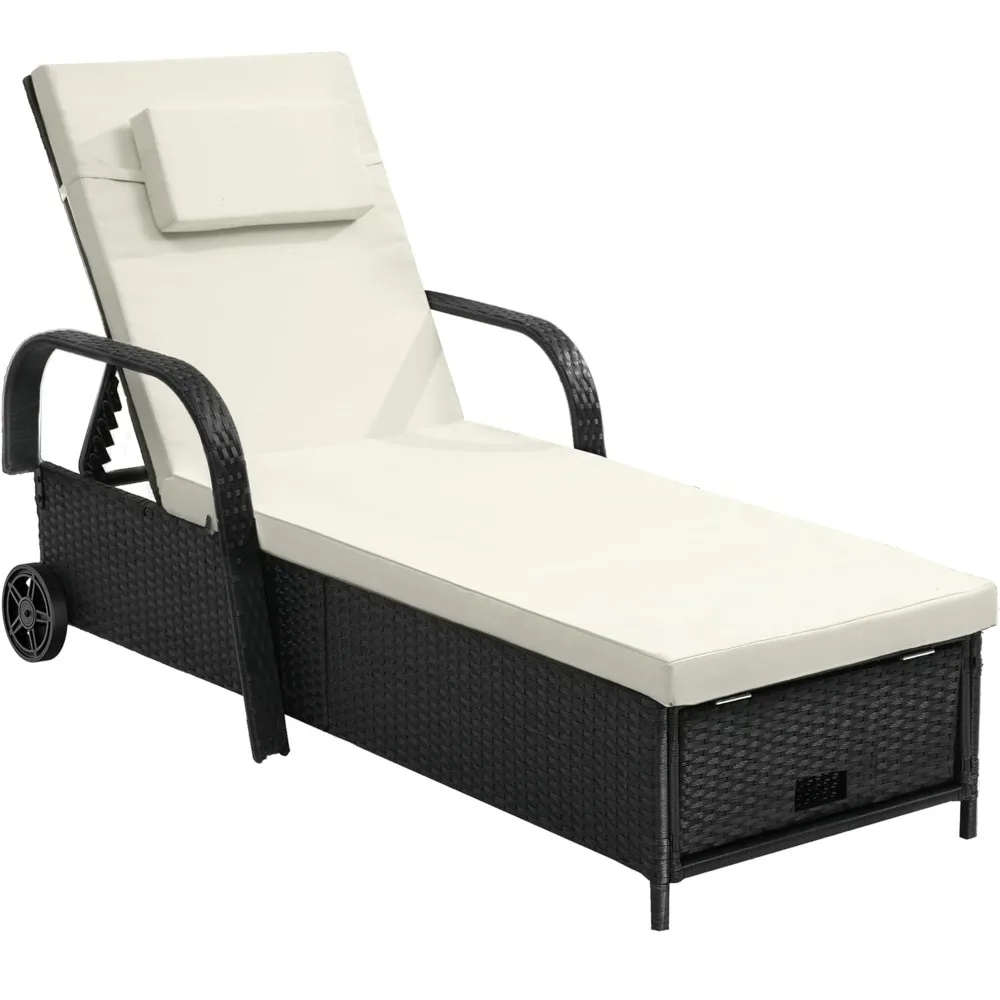 

Outdoor Wicker Chaise Lounge Chair w/Storage, Rattan Patio Pool Lounger with Adjustable Backrest, Arm, Cushion, Pillow