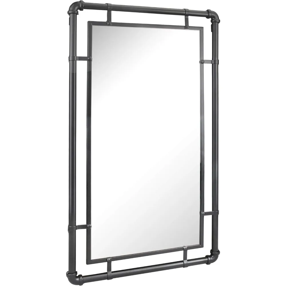 

29.1" x 16.7" Black Metal Pipe Wall Mirror with Attached Hangers, Modern Decor for Living Room, Bedroom, Bathroom