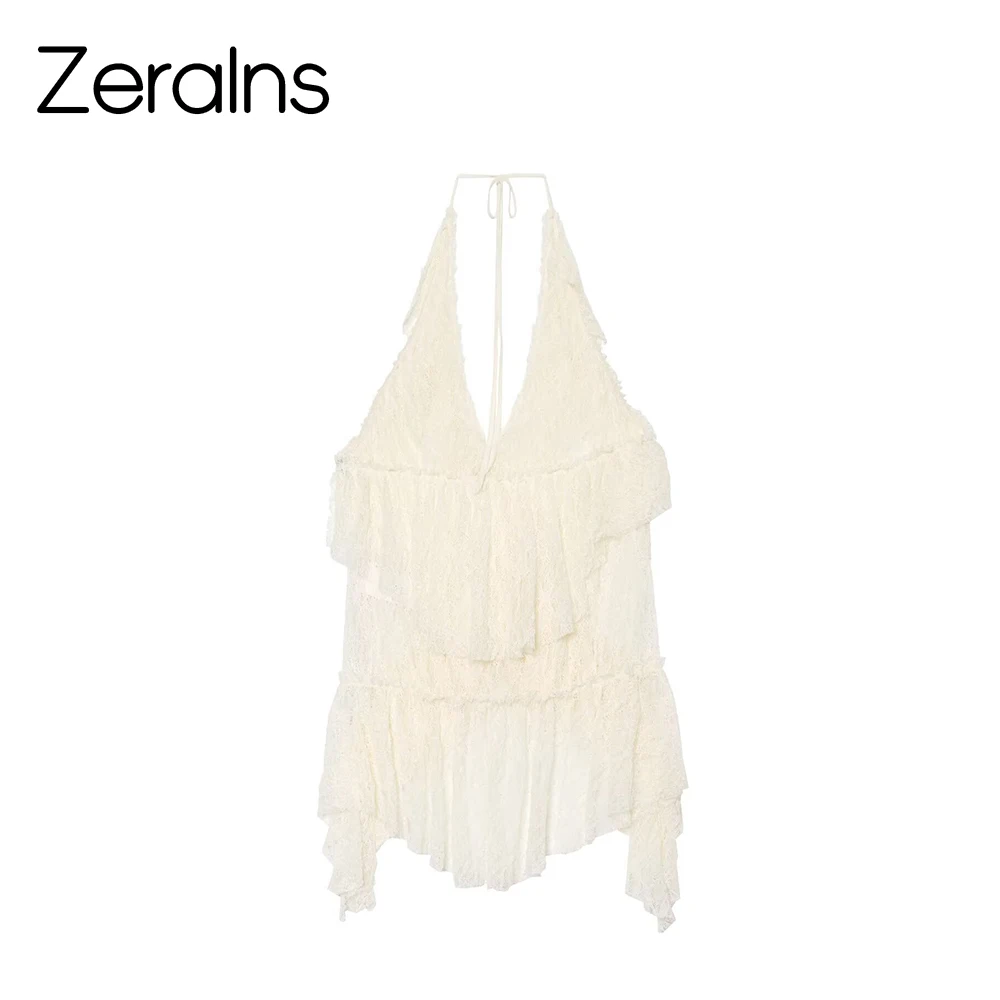 ZERAINS Women's 2026 new summer outfit asymmetric lace layered hanging neck V-neck top