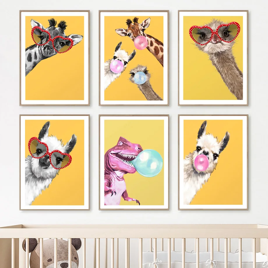 Fashion Hipster Llama Giraffe Glasses Wall Art Print Bubble Gum Pink T-rex Canvas Painting Nordic Poster Living Room Home Decor