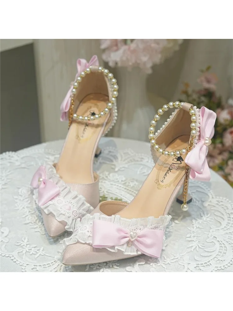 Zapatos de tacón alto originales Lolita para 18 cumpleaños o boda, tacones altos ajustados con punta estrecha, diseño Simple, zapatos de fiesta de té para niña dulce
