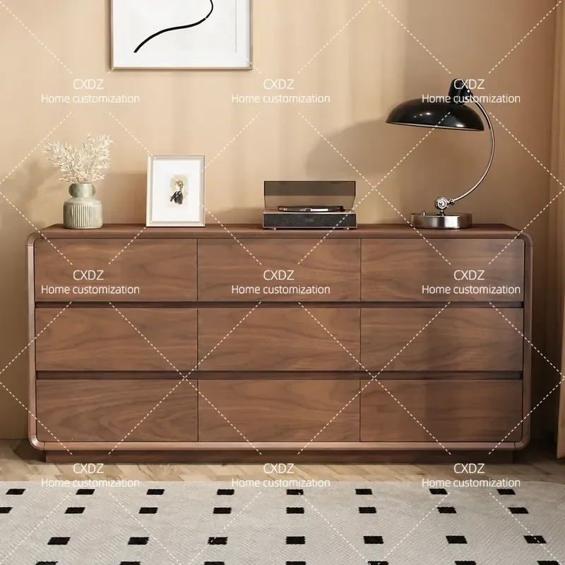 Solid Wood Nine Drawer Chest Bedroom Wall Storage Cabinet Retro Light Luxury Walnut Five Bucket Bedside Locker Organizer