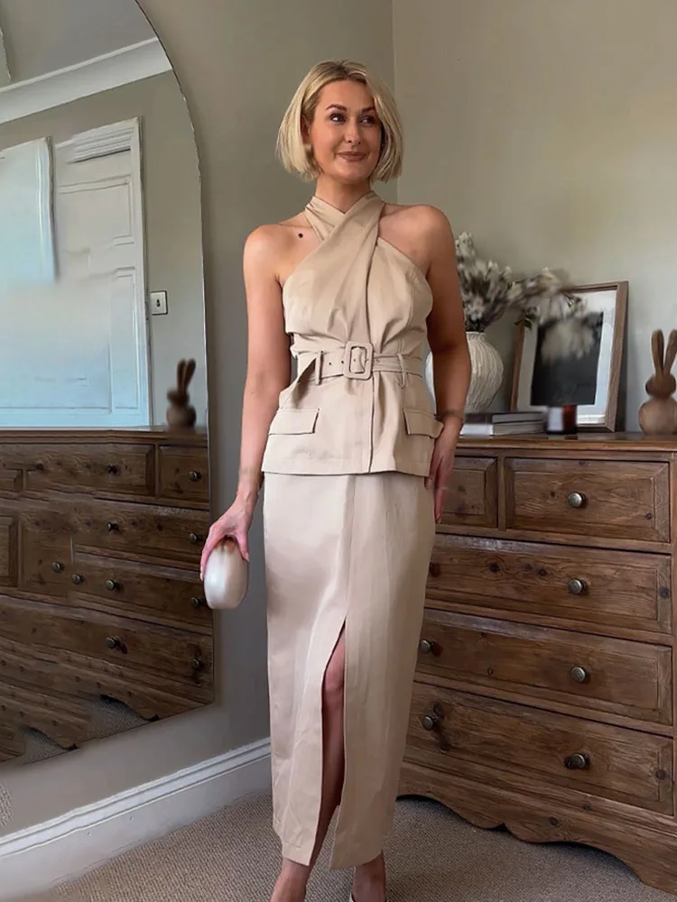 

HH Fashion Khaki Belt Cross Design Midi Dress 2025 Summer Women's Street Clothing Women's Office Skirt Commuter