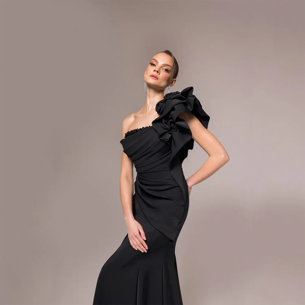 Vestidos de noche negros simples, vestidos de noche de sirena sin mangas con un hombro, vestidos de fiesta hasta el suelo, vestido personalizado 2025