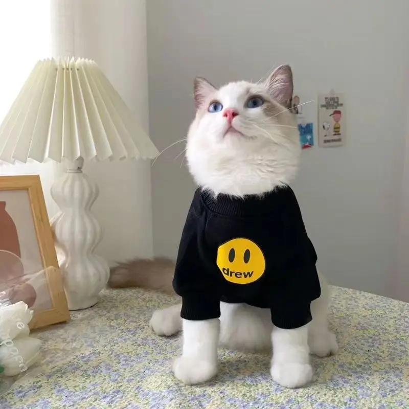 Fashion Cat Sweatshirt Smiling Face Printed Pet Clothes Pullover for Small Dogs Cats Spring Autumn Kitten Clothing  Costume