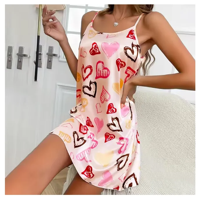 Ladies Sexy Sling Nightgown Nightdress Women\'s Sexy Lingerie Silk Satin Sleepwear Floral Pinting Nightwear Homewear Mini Dress
