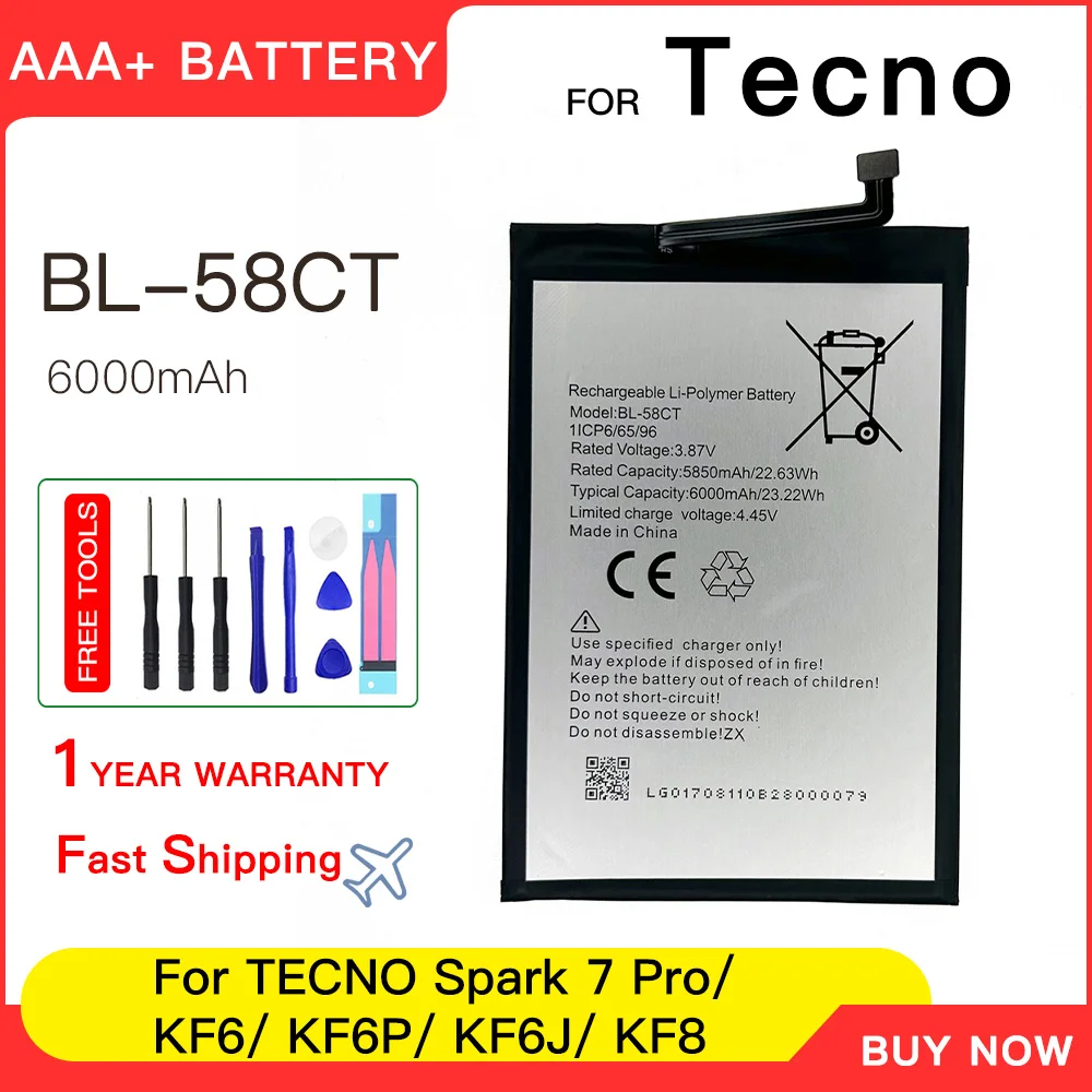 Genuine 3.87V 6000mAh BL-58CT 6000mAh Replacement Battery For TECNO KF6 Spark7 KE6J Spark7T KF6P KF6J batteria+Free Tools