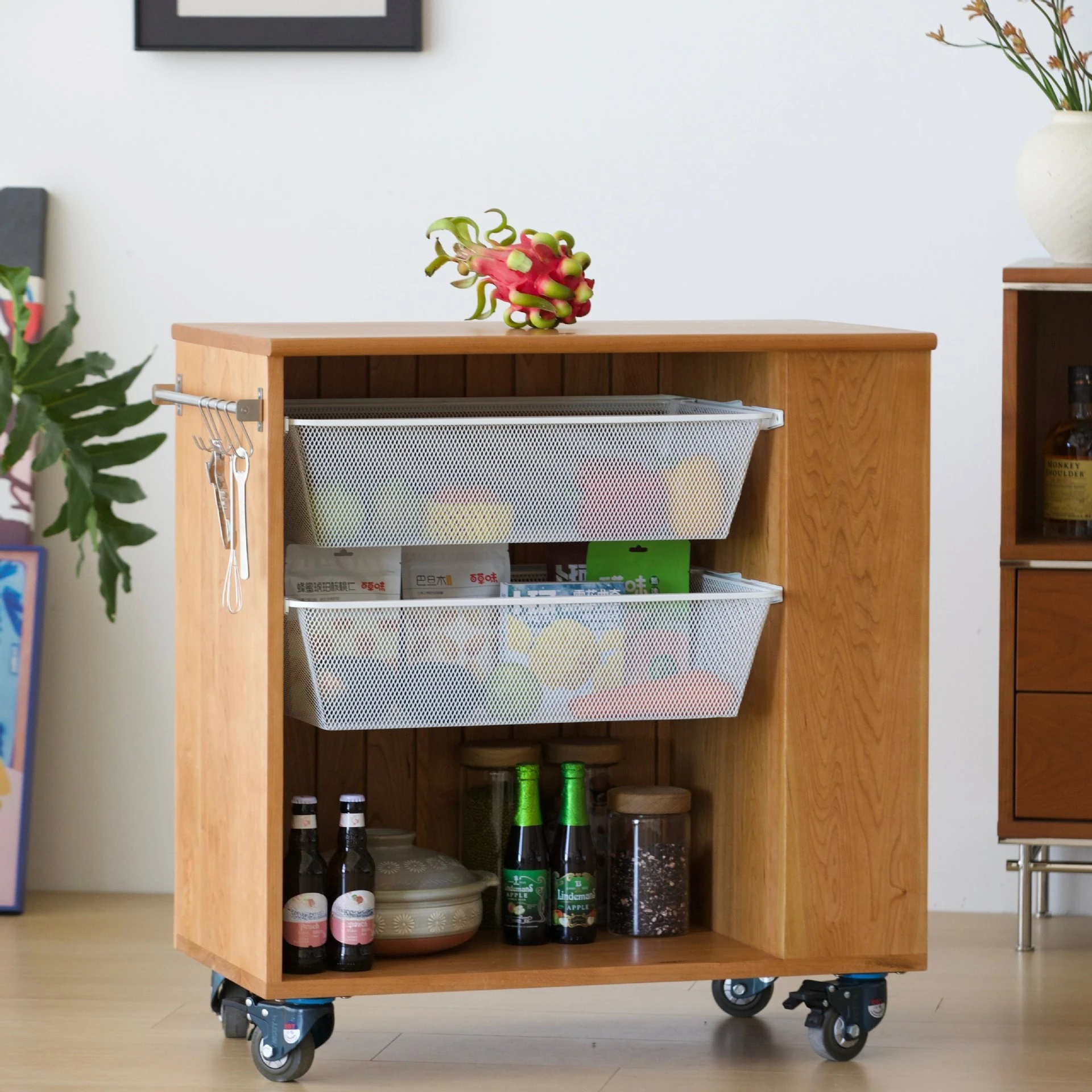 Mobile island, solid wood kitchen, trolley, bar, tea cabinet, cherry wood, mid-island table, side cabinet