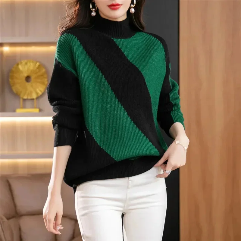 

New Autumn Winter Color Block Sweater Women Jumper Long Sleeve Casual Sweaters Pullovers Female Knitted Bottoming Shirt
